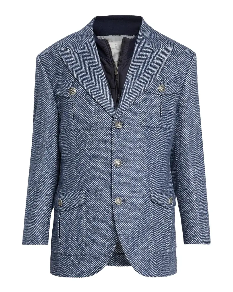 Brunello Cucinelli Men's Wool and Silk Chevron Field Jacket with Zipped Bib