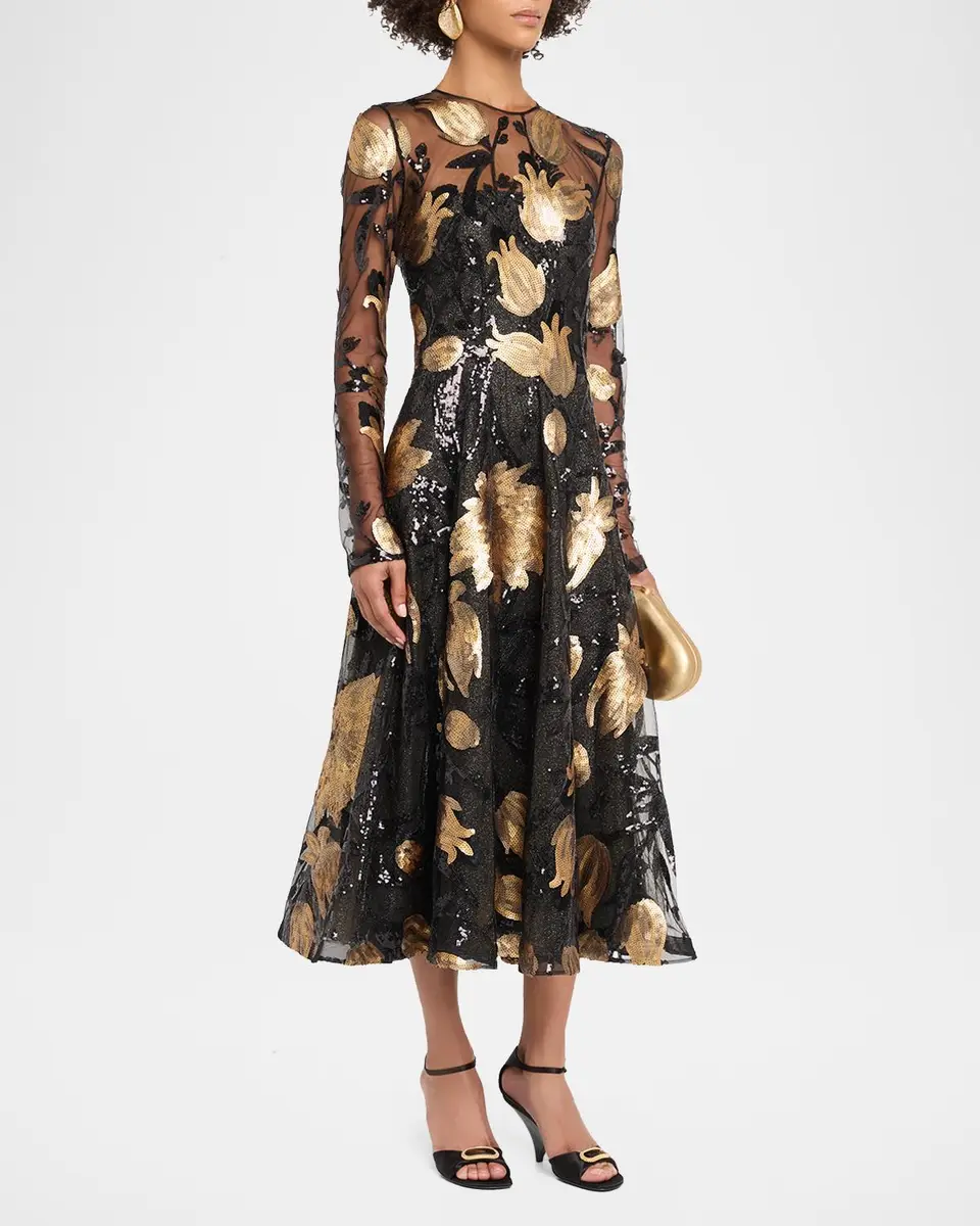 Naeem Khan Long-Sleeve Sequined Illusion Midi Dress | Thumbnail 4 Naeem Khan Long-Sleeve Sequined Illusion Midi Dress | Thumbnail 4