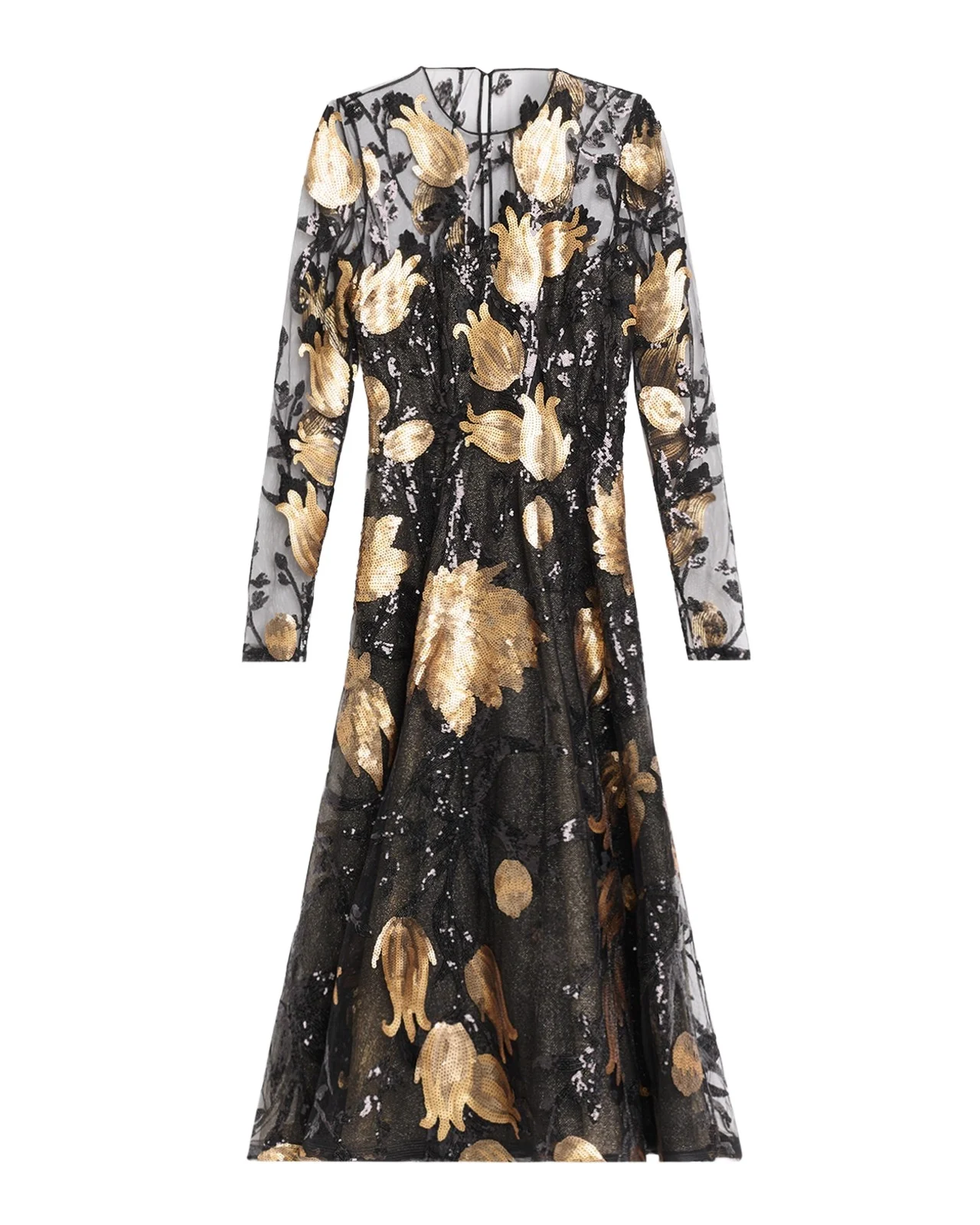 Naeem Khan Long-Sleeve Sequined Illusion Midi Dress
