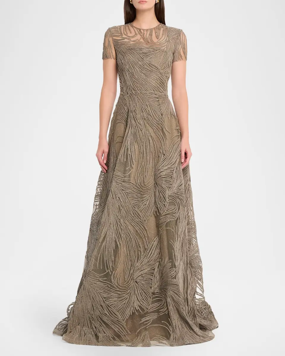 Naeem Khan Short-Sleeve Illusion-Neck Raffia Gown | Thumbnail 2 Naeem Khan Short-Sleeve Illusion-Neck Raffia Gown | Thumbnail 2