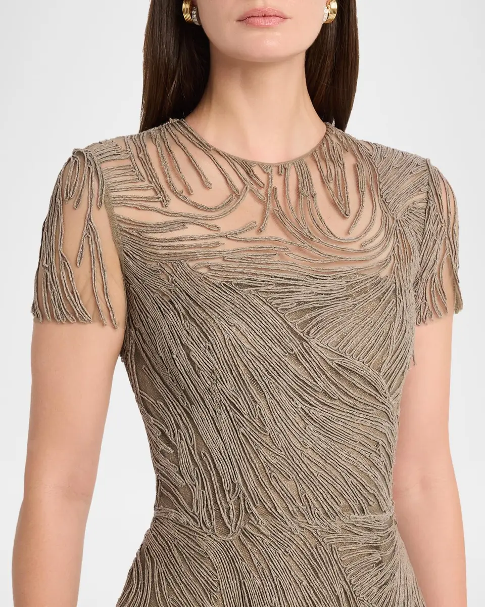 Naeem Khan Short-Sleeve Illusion-Neck Raffia Gown | Thumbnail 5 Naeem Khan Short-Sleeve Illusion-Neck Raffia Gown | Thumbnail 5