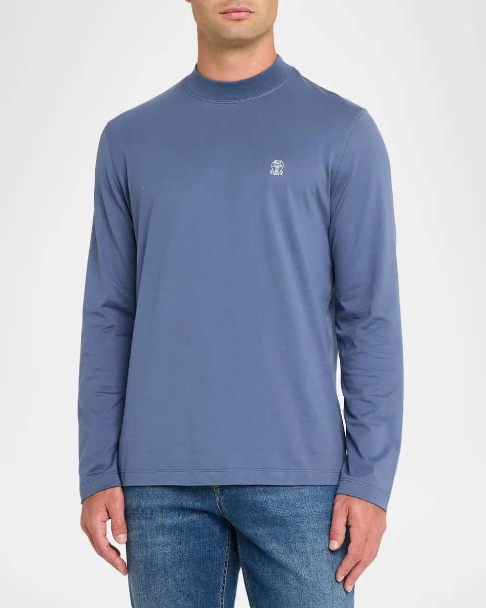 Brunello Cucinelli Men's Cotton Crest Mock Neck T-Shirt | Thumbnail 4 Brunello Cucinelli Men's Cotton Crest Mock Neck T-Shirt | Thumbnail 4