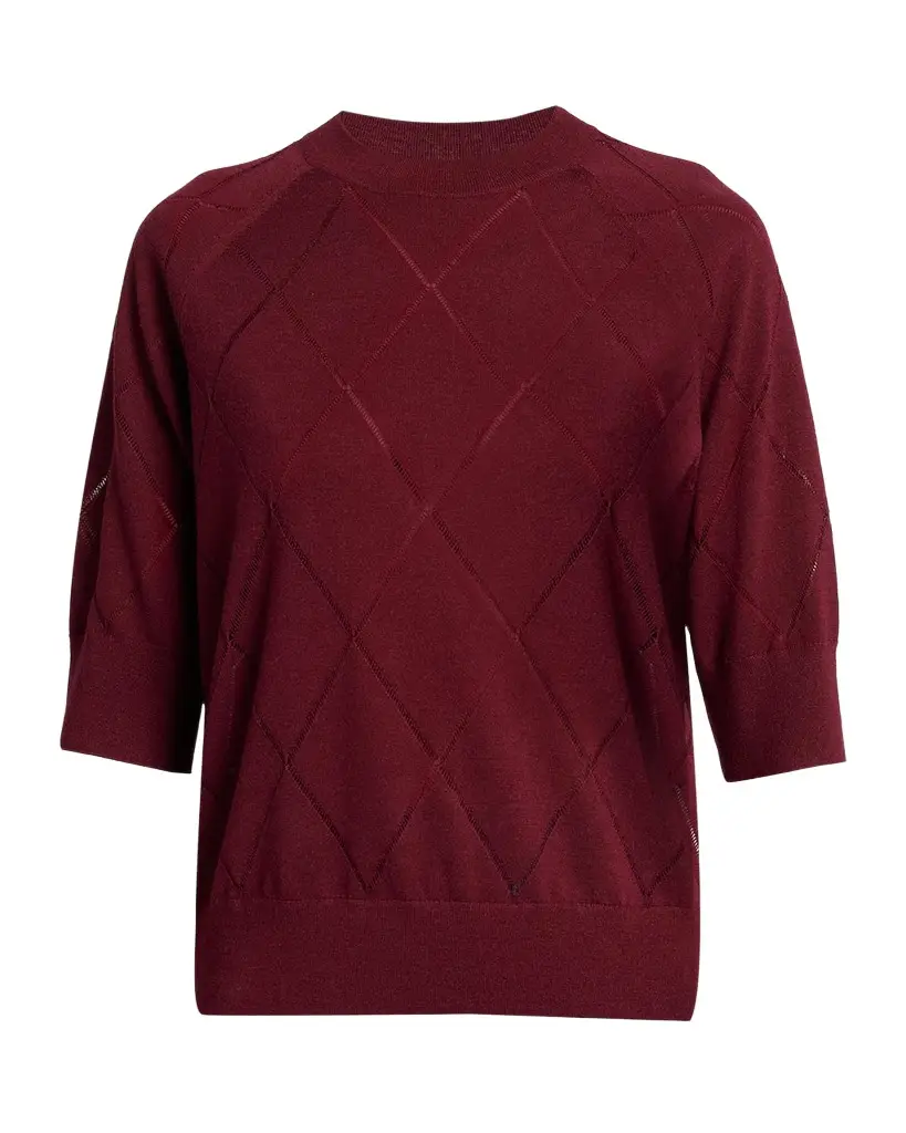Dries Van Noten Diamond Knit Elbow-Sleeve Crewneck Sweater