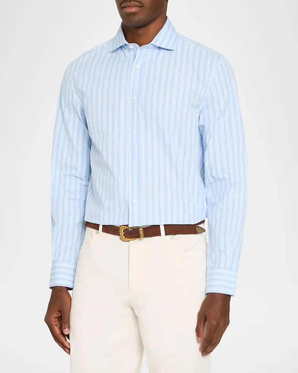 Brunello Cucinelli Men's Double-Stripe Cotton Dress Shirt | Thumbnail 4 Brunello Cucinelli Men's Double-Stripe Cotton Dress Shirt | Thumbnail 4