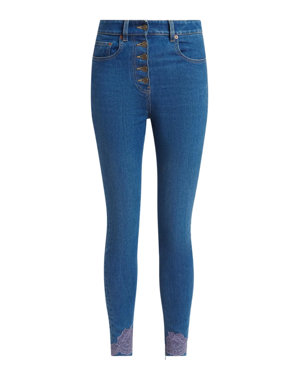 Valentino Garavani Lace-Hem Denim Skinny-Leg Ankle Jeans