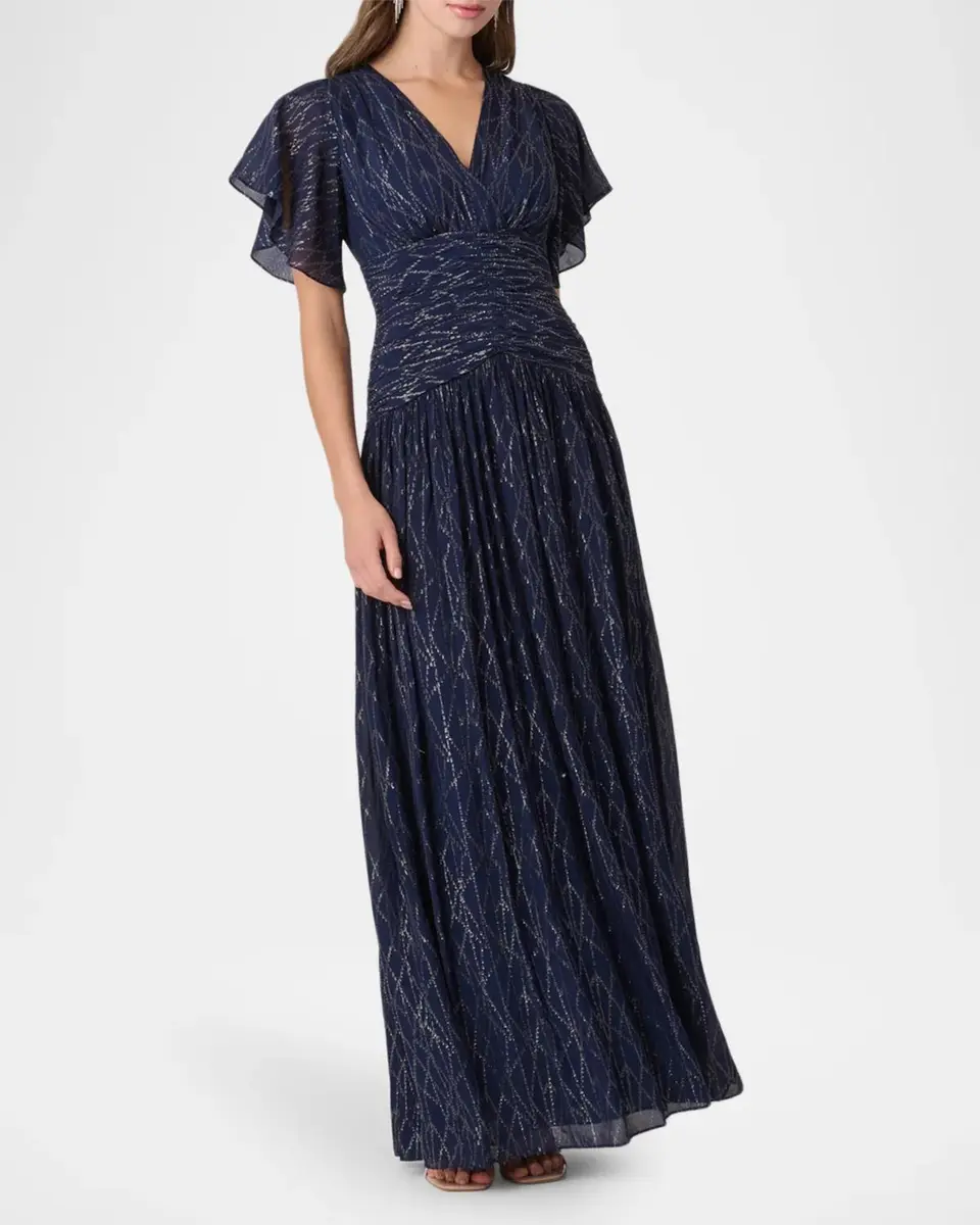 Shoshanna Lilly Flutter-Sleeve Metallic Chiffon Gown | Thumbnail 2 Shoshanna Lilly Flutter-Sleeve Metallic Chiffon Gown | Thumbnail 2