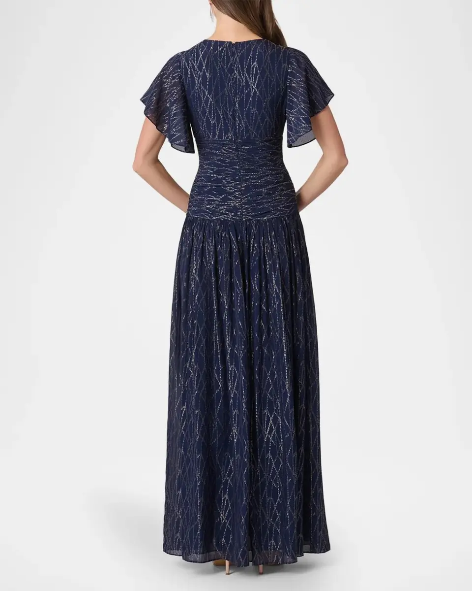 Shoshanna Lilly Flutter-Sleeve Metallic Chiffon Gown | Thumbnail 3 Shoshanna Lilly Flutter-Sleeve Metallic Chiffon Gown | Thumbnail 3