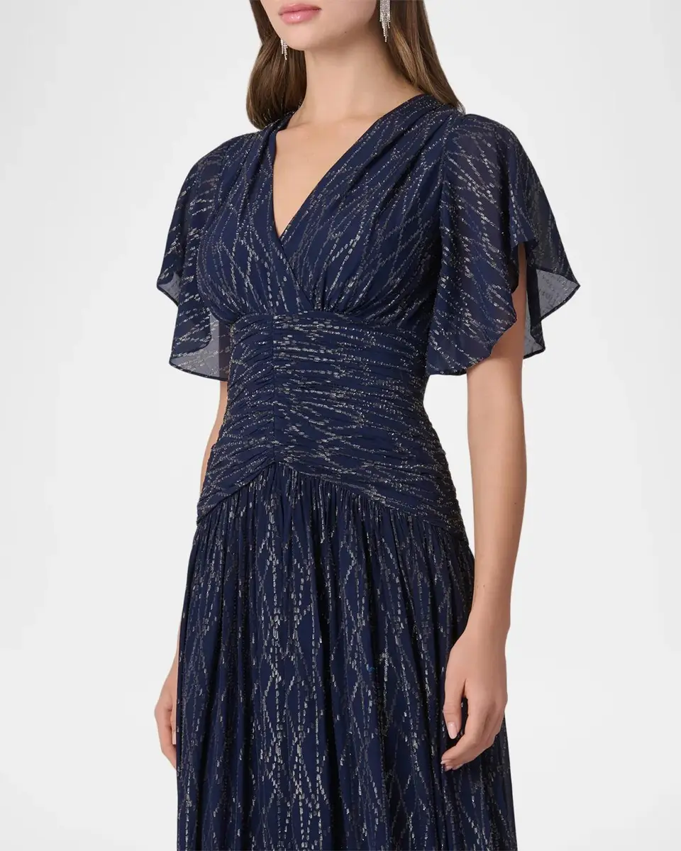 Shoshanna Lilly Flutter-Sleeve Metallic Chiffon Gown | Thumbnail 4 Shoshanna Lilly Flutter-Sleeve Metallic Chiffon Gown | Thumbnail 4