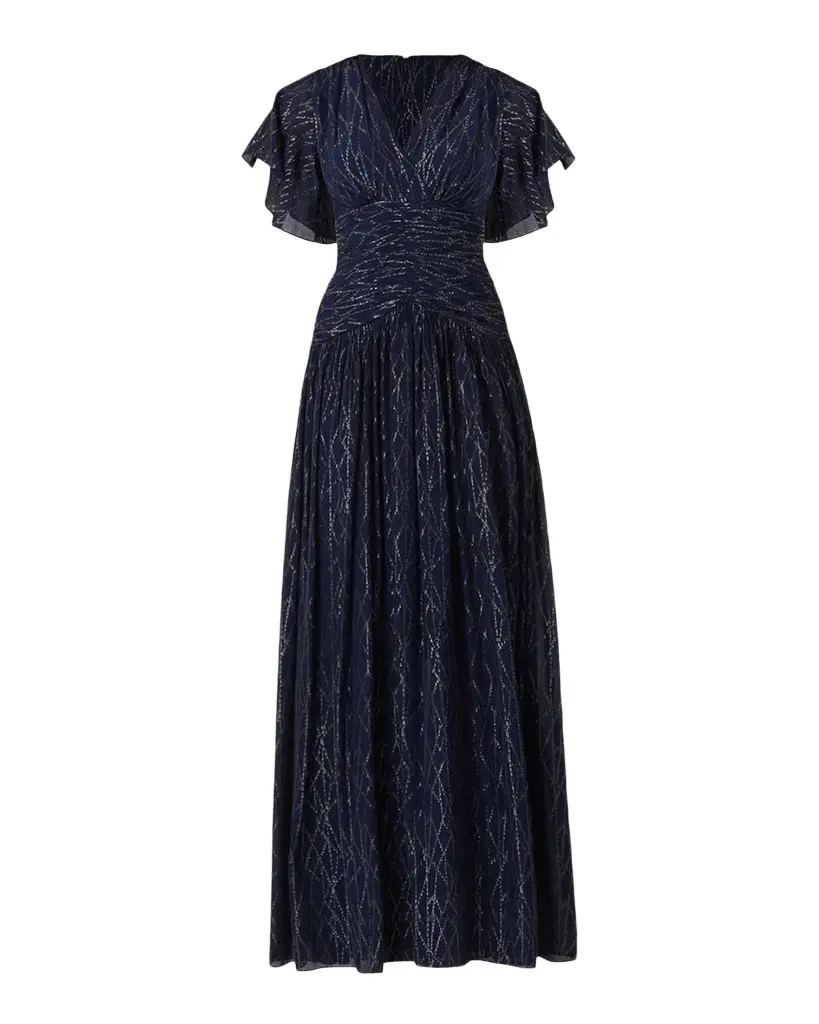 Shoshanna Lilly Flutter-Sleeve Metallic Chiffon Gown