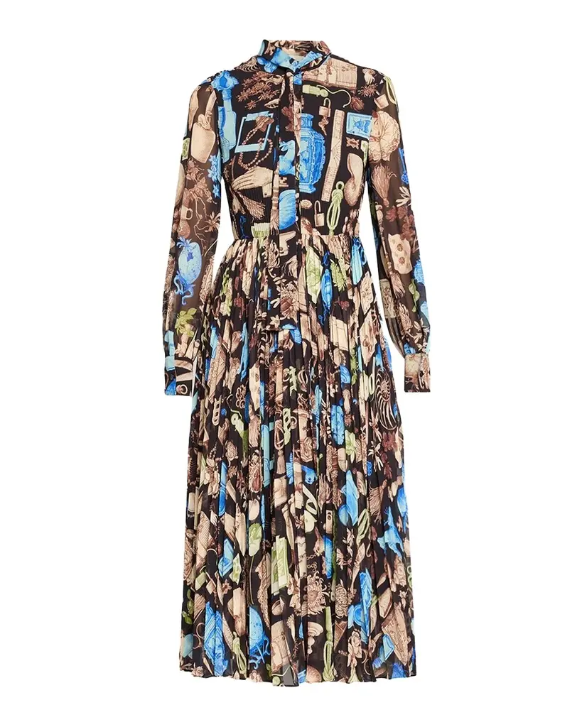 Tie-Neck Pleated Chiffon Long-Sleeve Midi Dress