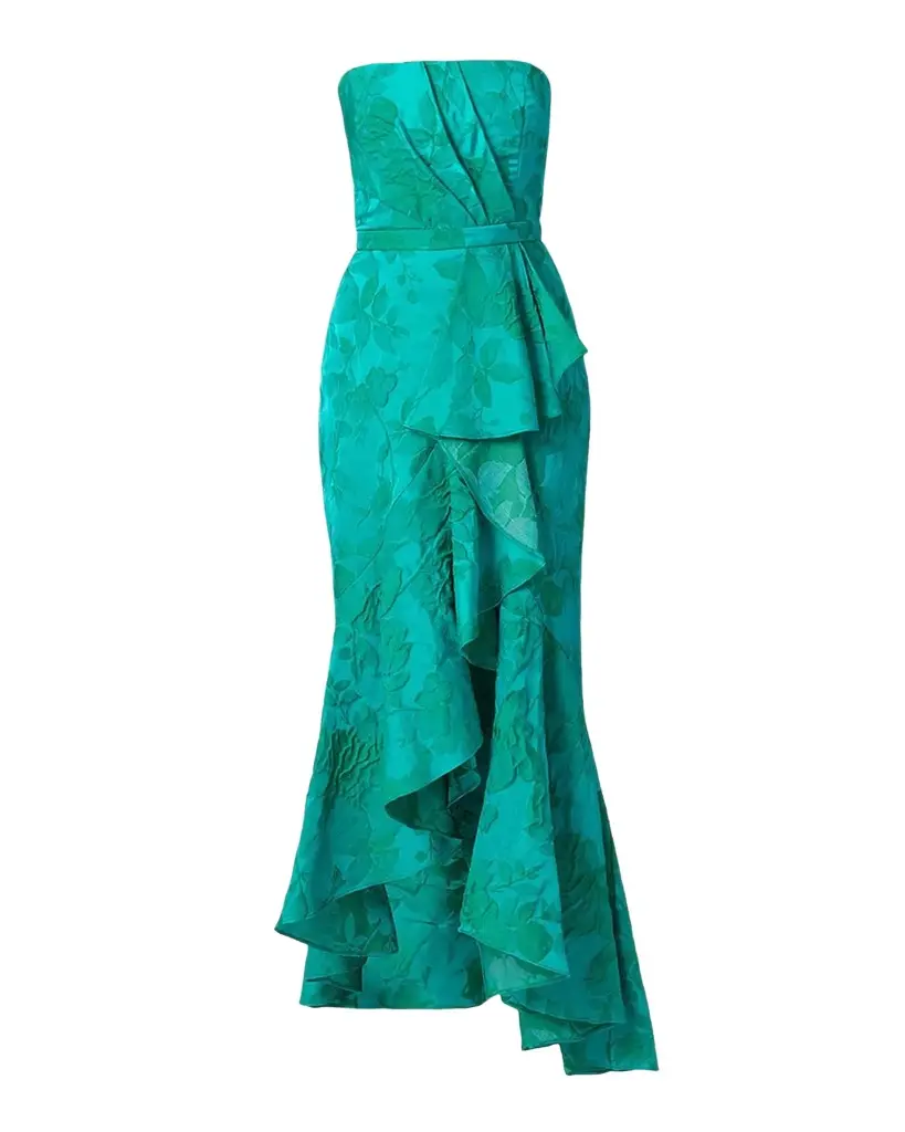 Shoshanna Strapless Floral Jacquard Ruffle Gown