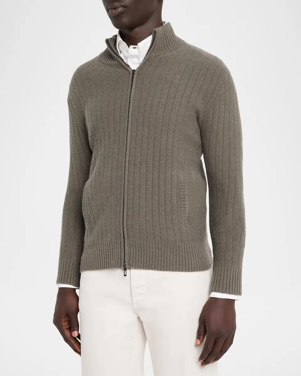 Neiman Marcus Cashmere Collection Men's Cashmere Wide-Rib Mock Neck Full-Zip Sweater | Thumbnail 4 Neiman Marcus Cashmere Collection Men's Cashmere Wide-Rib Mock Neck Full-Zip Sweater | Thumbnail 4