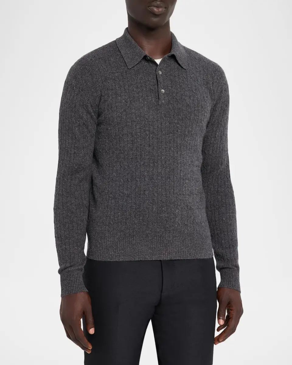 Neiman Marcus Cashmere Collection Men's Cashmere Slim Rib-Knit Polo Sweater | Thumbnail 4 Neiman Marcus Cashmere Collection Men's Cashmere Slim Rib-Knit Polo Sweater | Thumbnail 4