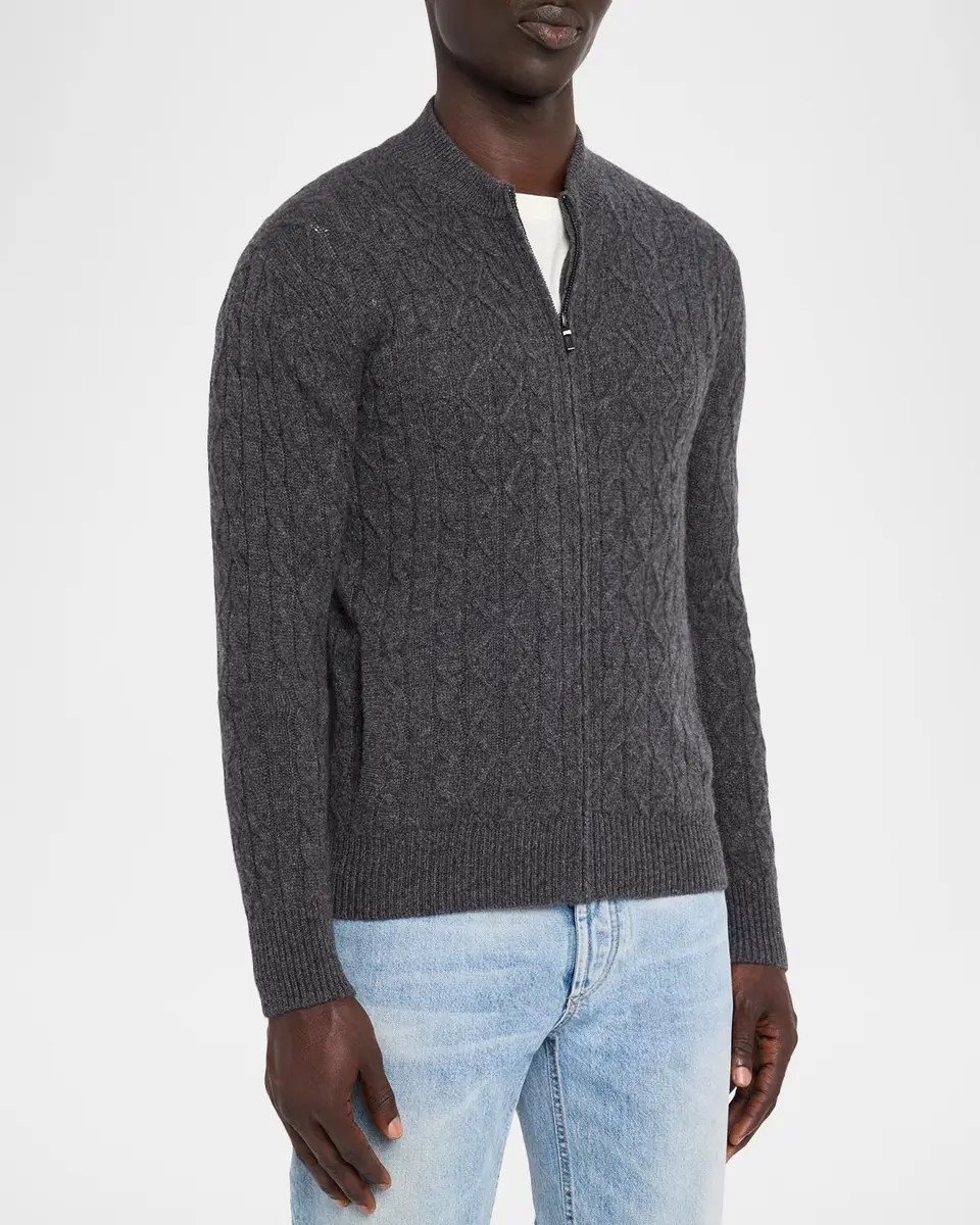 Neiman Marcus Cashmere Collection Men's Cashmere Cable Knit Full-Zip Sweater | Thumbnail 4 Neiman Marcus Cashmere Collection Men's Cashmere Cable Knit Full-Zip Sweater | Thumbnail 4