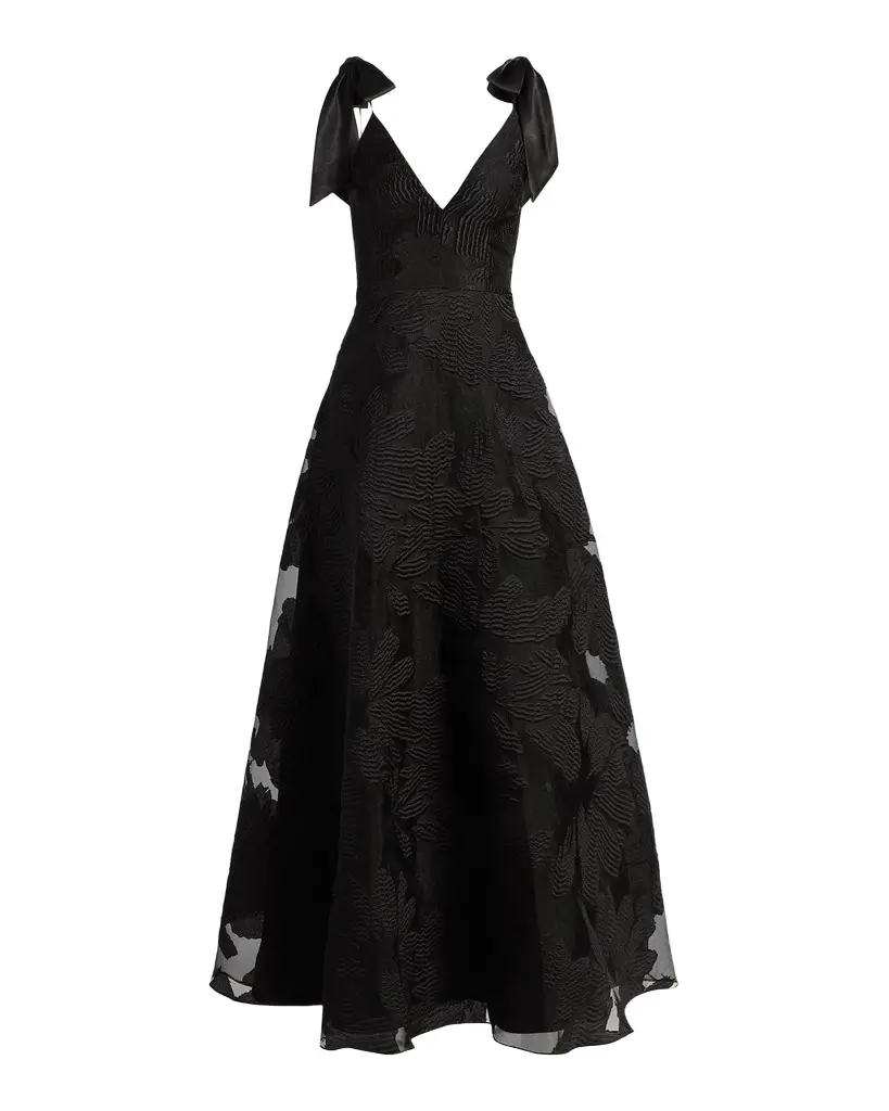 Bow-Embellished Floral Jacquard Gown