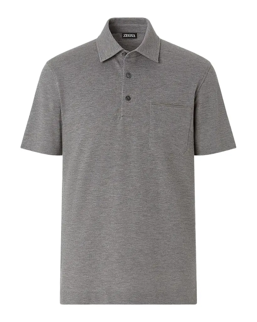 Zegna Men's Cotton Polo Shirt with Leather-Trim Pocket