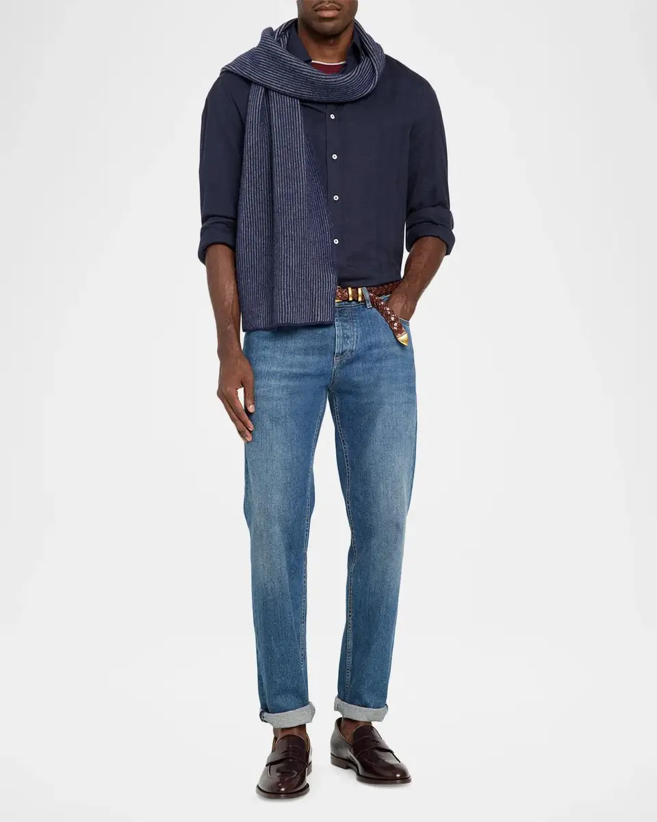 Brunello Cucinelli Men's Vanise Cashmere Ribbed Scarf | Thumbnail 2 Brunello Cucinelli Men's Vanise Cashmere Ribbed Scarf | Thumbnail 2