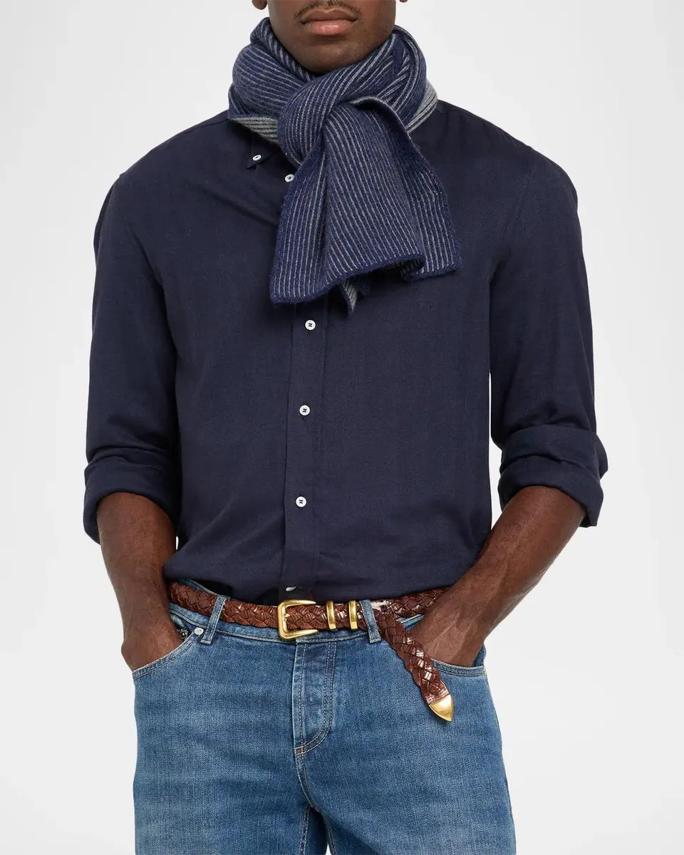Brunello Cucinelli Men's Vanise Cashmere Ribbed Scarf | Thumbnail 3 Brunello Cucinelli Men's Vanise Cashmere Ribbed Scarf | Thumbnail 3