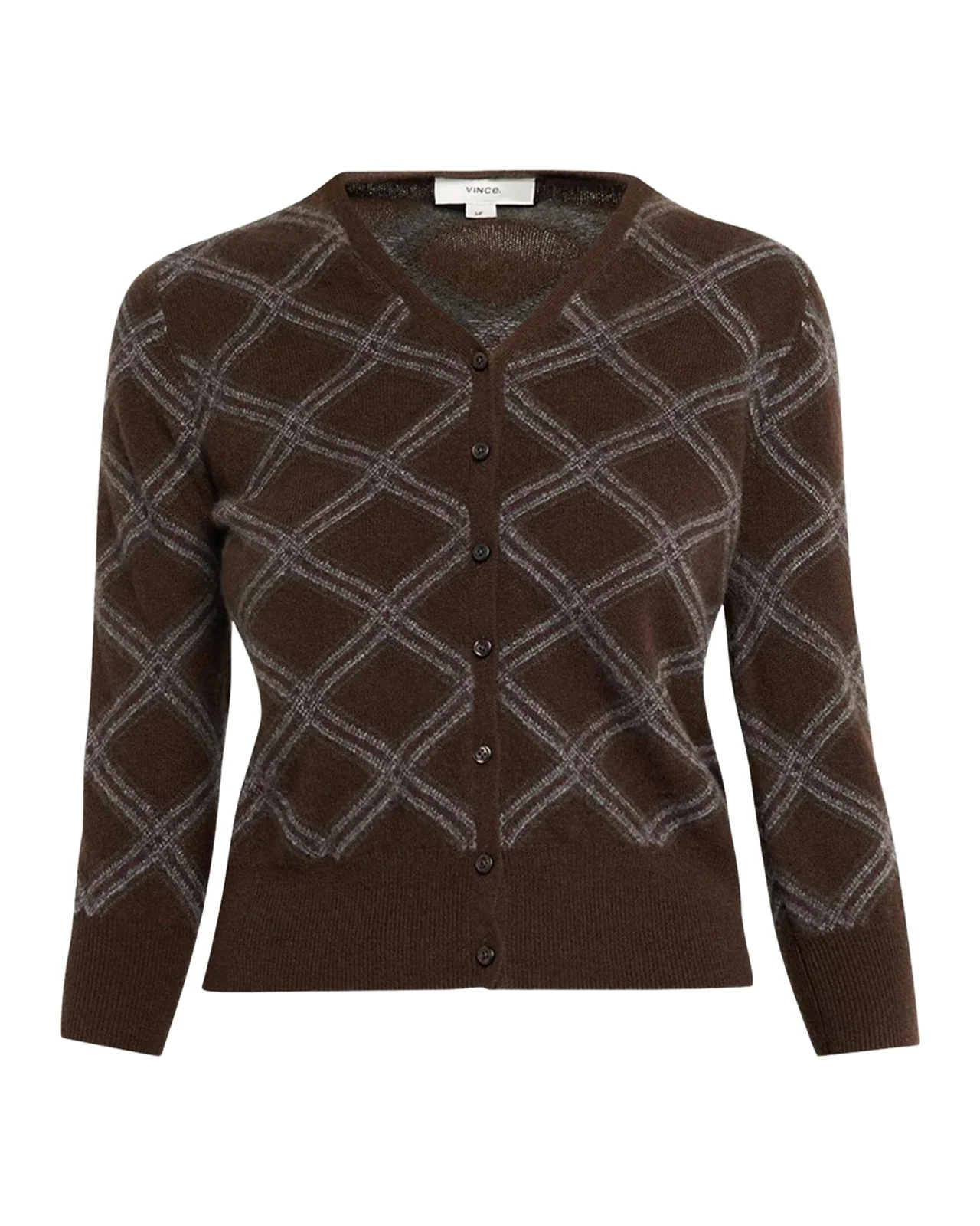 Vince Diamond Plaid Cashmere V-Neck Cardigan