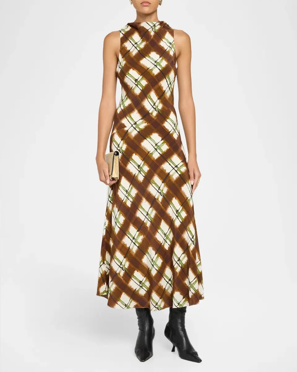 Cara Cara Crystal Plaid Silk Midi Dress | Thumbnail 2