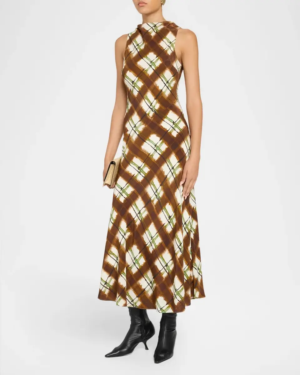 Cara Cara Crystal Plaid Silk Midi Dress | Thumbnail 4