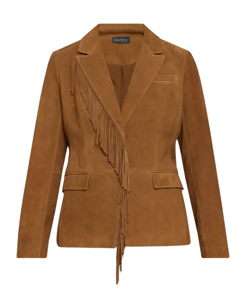 Elie Tahari The Adeline Fringe-Trim Suede Jacket
