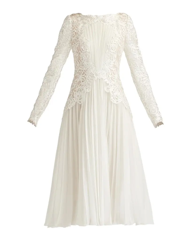 Tadashi Shoji Caius Embroidered Pleated Chiffon Midi Dress