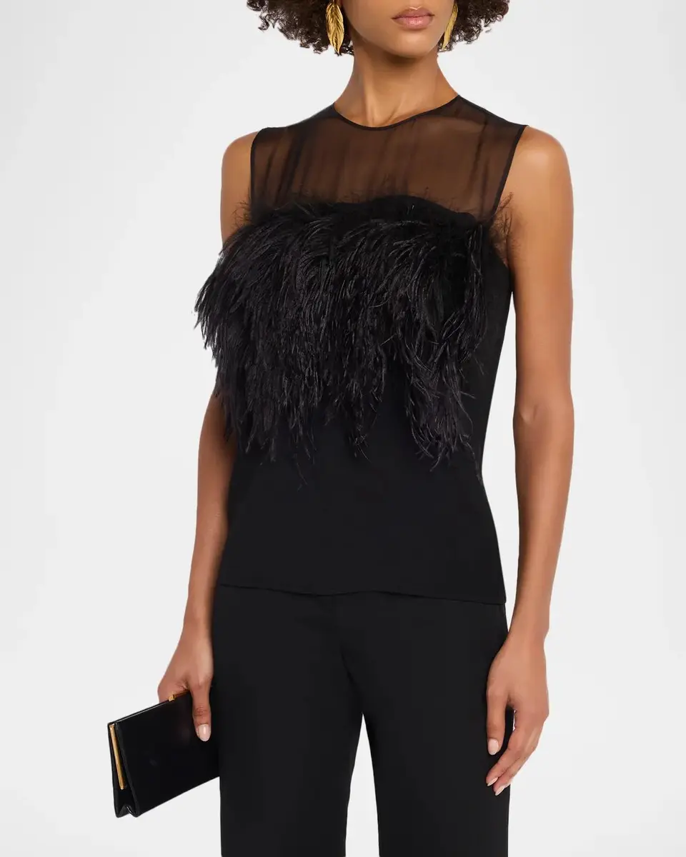 Alberta Ferretti Feather-Trim Sheer Yoke Sleeveless Top | Thumbnail 4 Alberta Ferretti Feather-Trim Sheer Yoke Sleeveless Top | Thumbnail 4