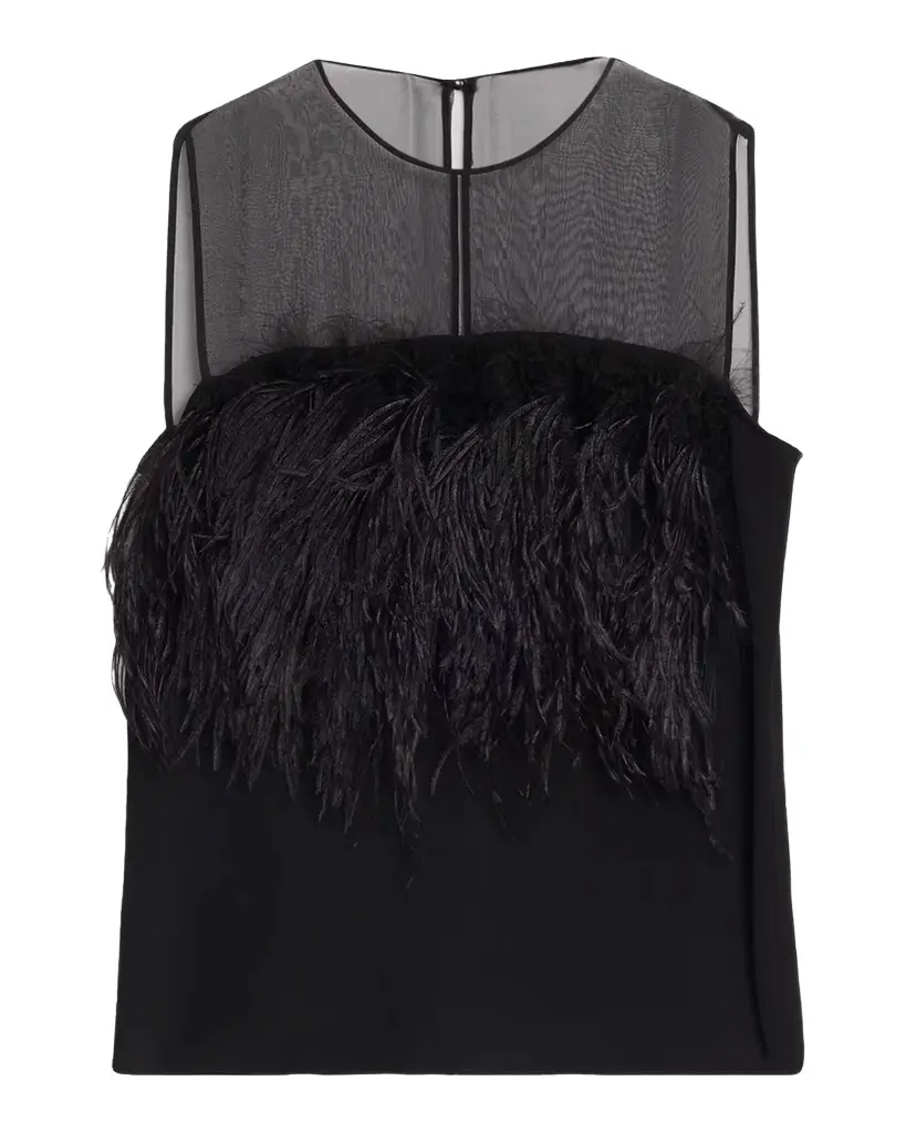 Alberta Ferretti Feather-Trim Sheer Yoke Sleeveless Top