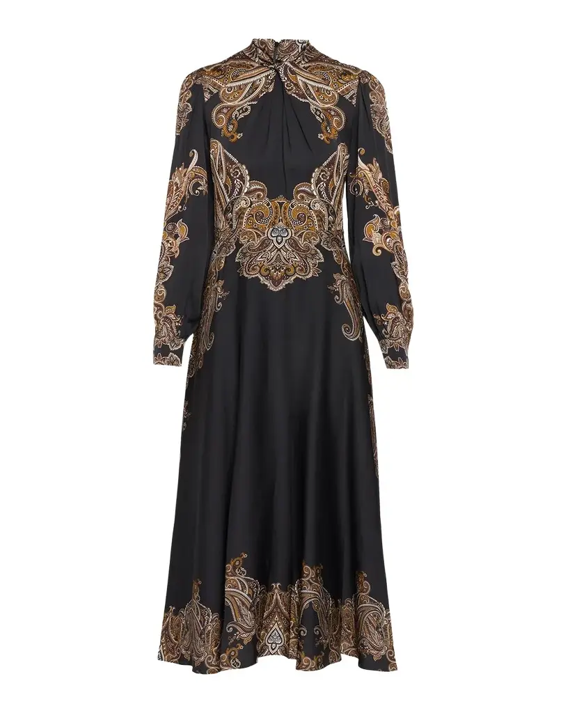 Cara Cara Vida Mock-Neck Medallion-Print Feather-Trim Mini Dress