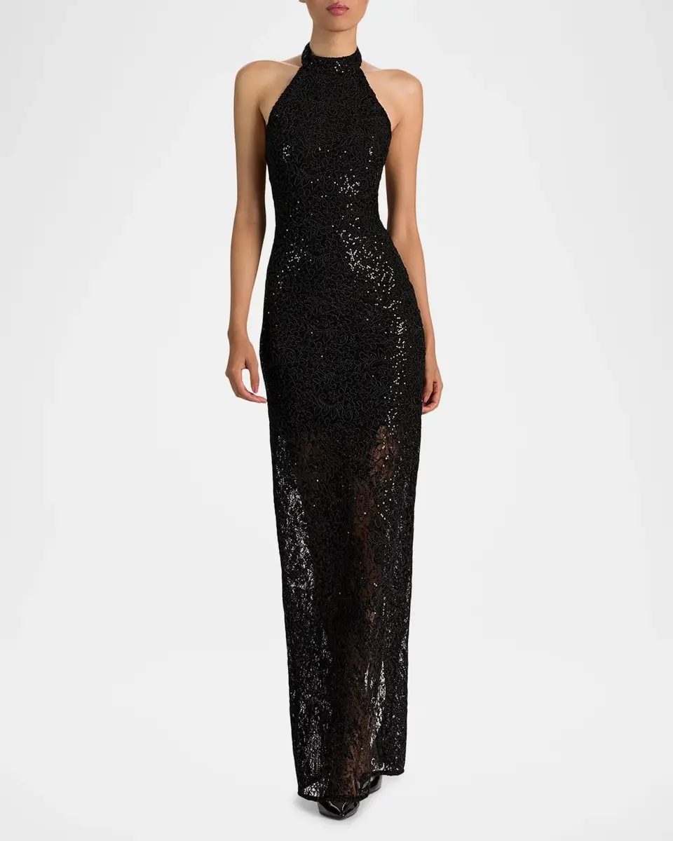 Alice + Olivia Koi Sequined Lace Halter Maxi Dress | Thumbnail 2