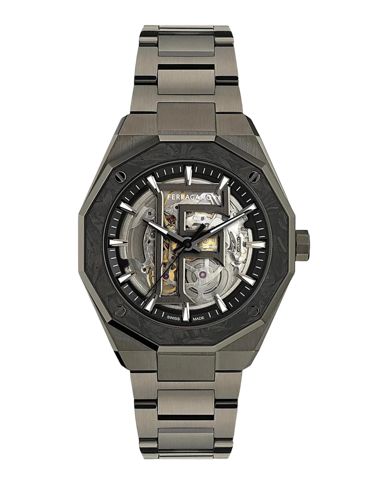 Ferragamo Men's Edge Skeleton Gunmetal IP & Stainless Steel Bracelet Watch/42MM