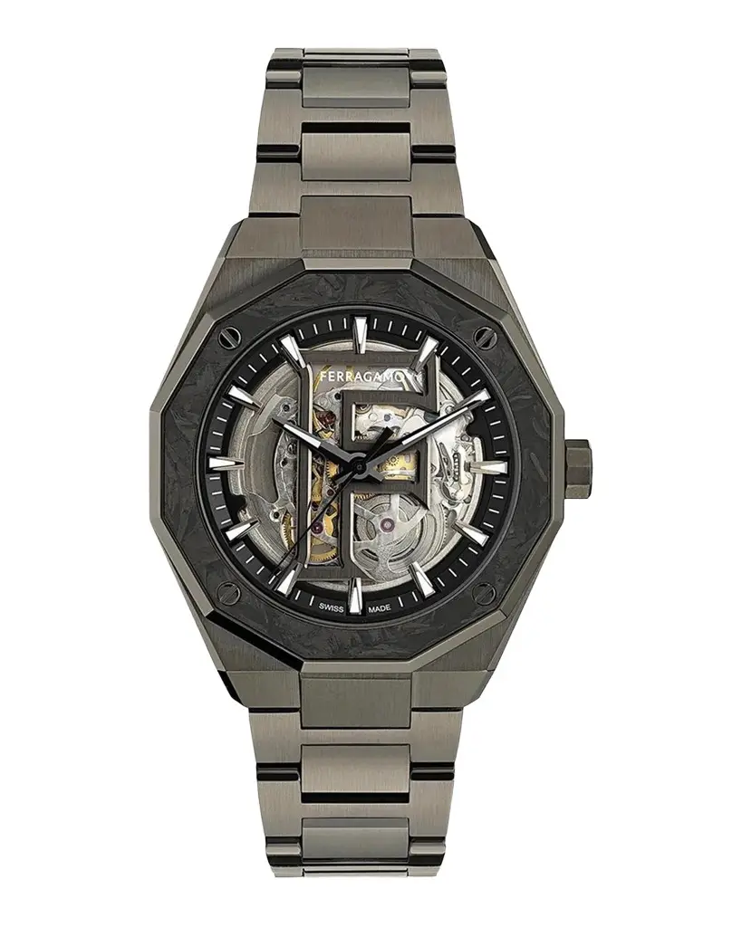 Ferragamo Men's Edge Skeleton Gunmetal IP & Stainless Steel Bracelet Watch/42MM