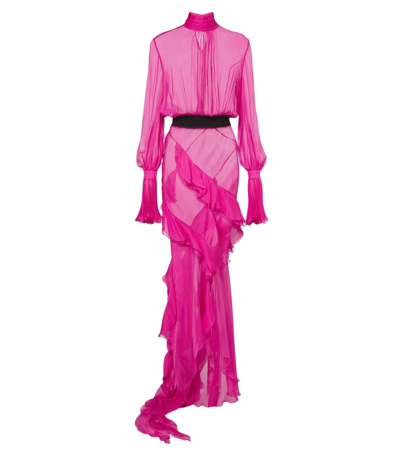 Belted ruffled sheer silk gown