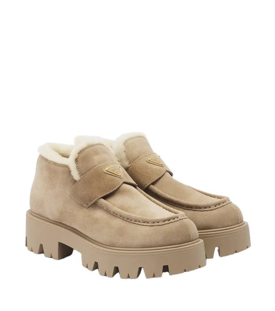 Prada Shearling-trimmed suede platform ankle boots