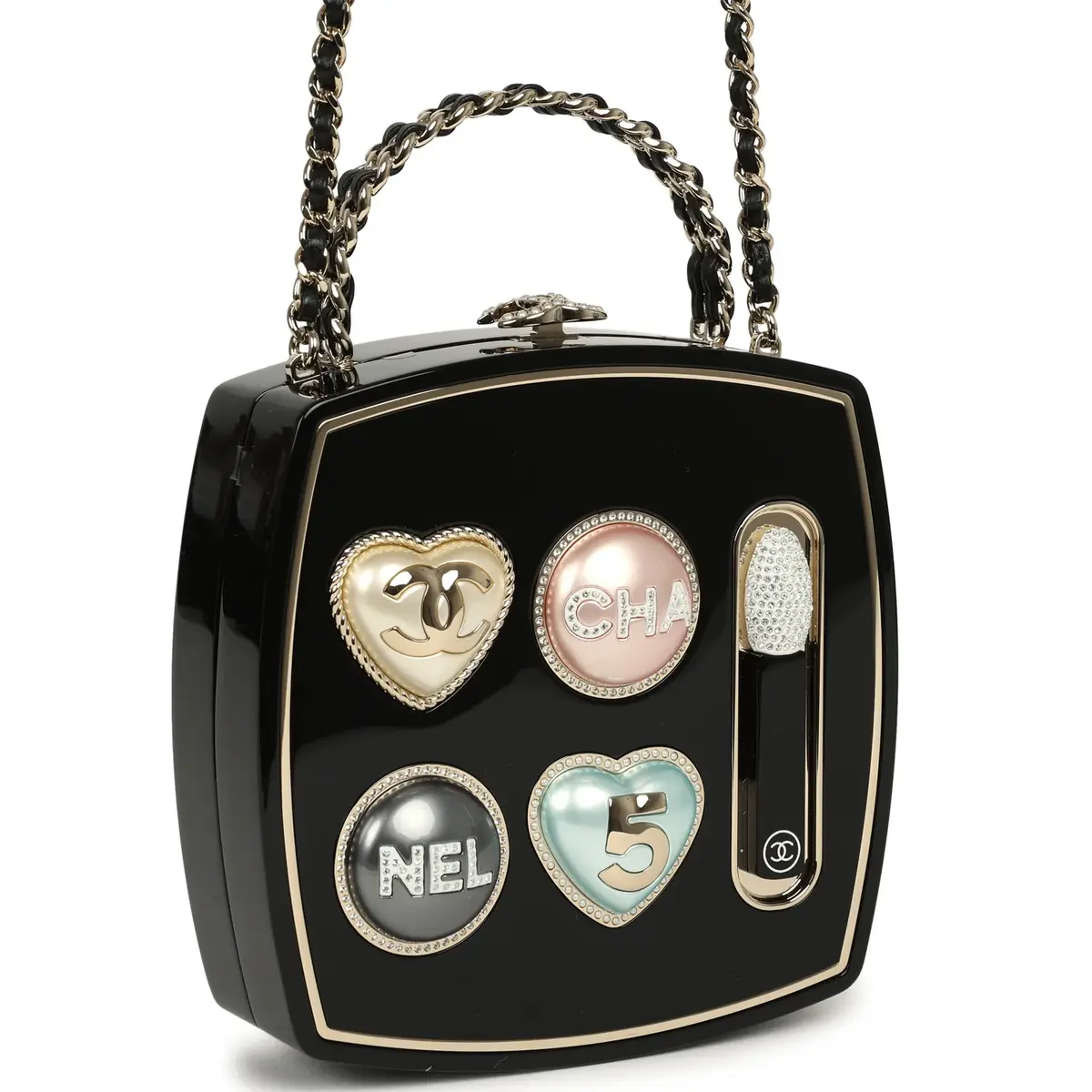 Chanel Chanel Makeup Palette Minaudiere Clutch with Chain Black, Multicolor Plexiglass, Strass, Light Gold Hardware | Thumbnail 2 Chanel Chanel Makeup Palette Minaudiere Clutch with Chain Black, Multicolor Plexiglass, Strass, Light Gold Hardware | Thumbnail 2