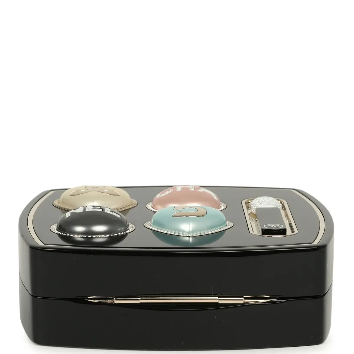 Chanel Chanel Makeup Palette Minaudiere Clutch with Chain Black, Multicolor Plexiglass, Strass, Light Gold Hardware | Thumbnail 6 Chanel Chanel Makeup Palette Minaudiere Clutch with Chain Black, Multicolor Plexiglass, Strass, Light Gold Hardware | Thumbnail 6