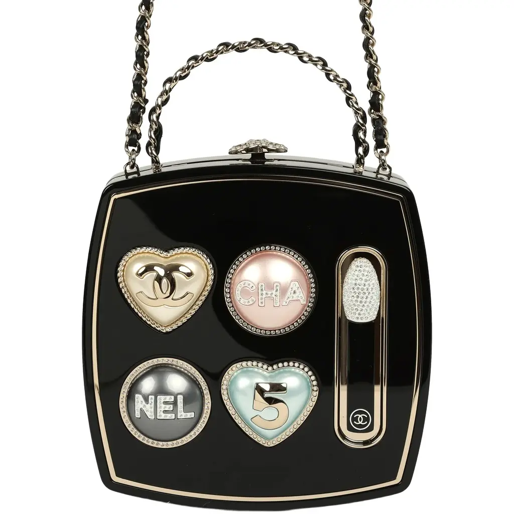 Chanel Makeup Palette Minaudiere Clutch with Chain Black, Multicolor Plexiglass, Strass, Light Gold Hardware Chanel Makeup Palette Minaudiere Clutch with Chain Black, Multicolor Plexiglass, Strass, Light Gold Hardware