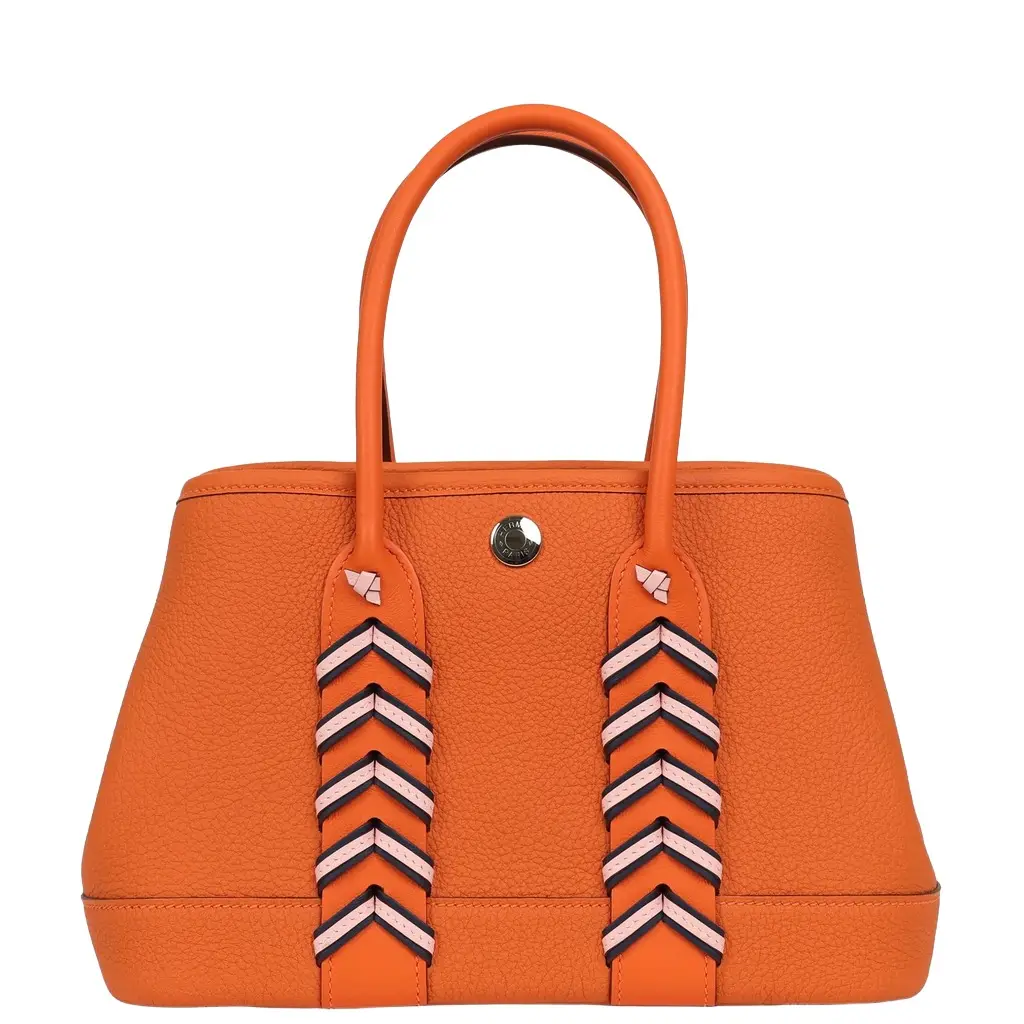 HERMÈS Hermes Garden Party Neo 23 "Bredies" Orange, Rose Sakura, Bleu Navy Togo and Swift Palladium Hardware