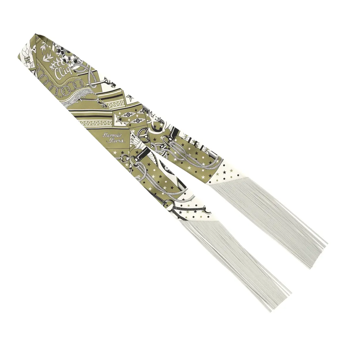 HERMÈS Hermes "Bandana" Kaki, Blanc, Black Fringe Silk | Thumbnail 2 HERMÈS Hermes "Bandana" Kaki, Blanc, Black Fringe Silk | Thumbnail 2