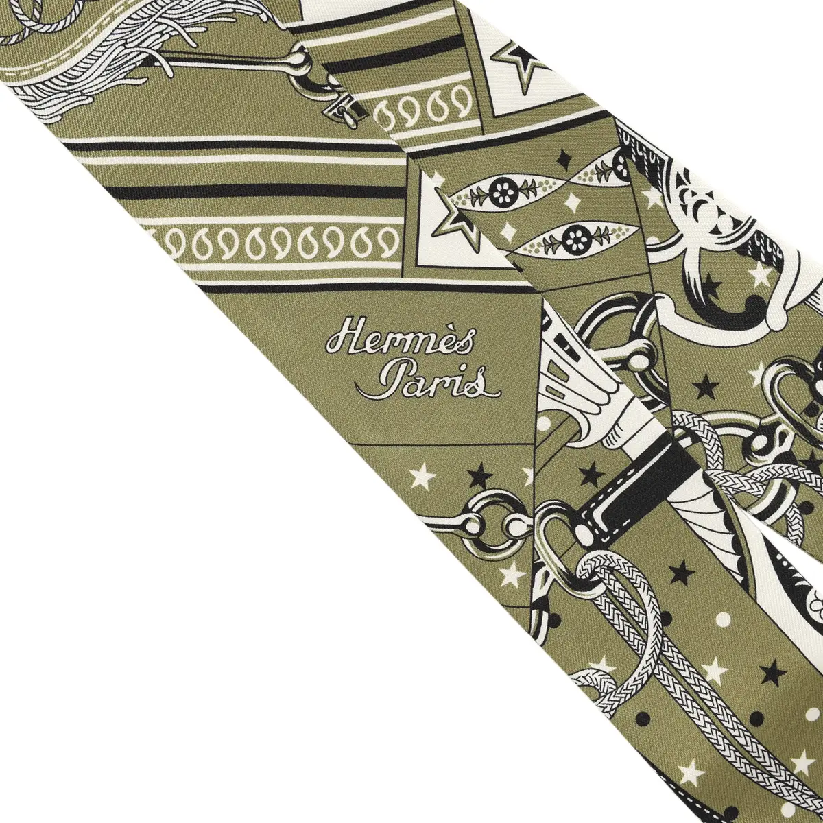 HERMÈS Hermes "Bandana" Kaki, Blanc, Black Fringe Silk | Thumbnail 3 HERMÈS Hermes "Bandana" Kaki, Blanc, Black Fringe Silk | Thumbnail 3