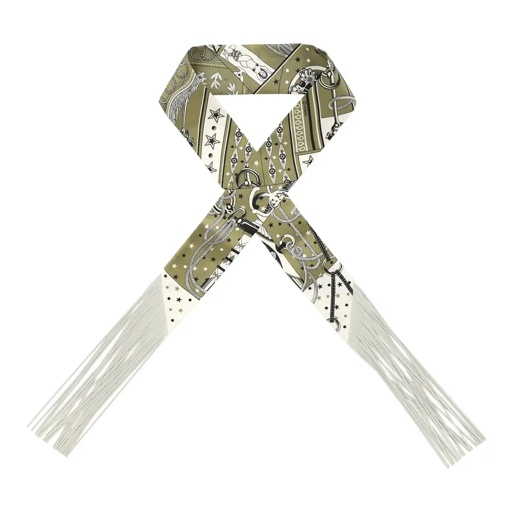 Hermes "Bandana" Kaki, Blanc, Black Fringe Silk