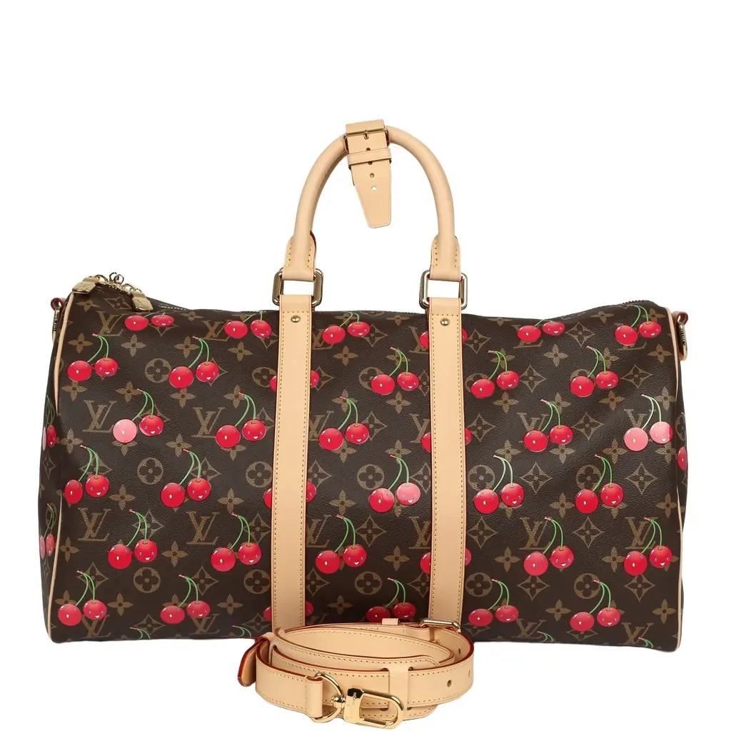 Louis Vuitton X Takashi Murakami Cheries Keepall Bandouliere 45 Red, Brown Monogram Cherry Gold Hardware Louis Vuitton X Takashi Murakami Cheries Keepall Bandouliere 45 Red, Brown Monogram Cherry Gold Hardware