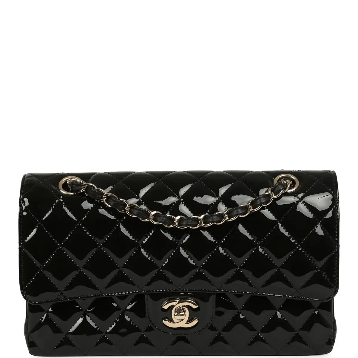 Pre-owned Chanel Medium Classic Double Flap Bag Black Patent Light Gold Hardware Pre-owned Chanel Medium Classic Double Flap Bag Black Patent Light Gold Hardware