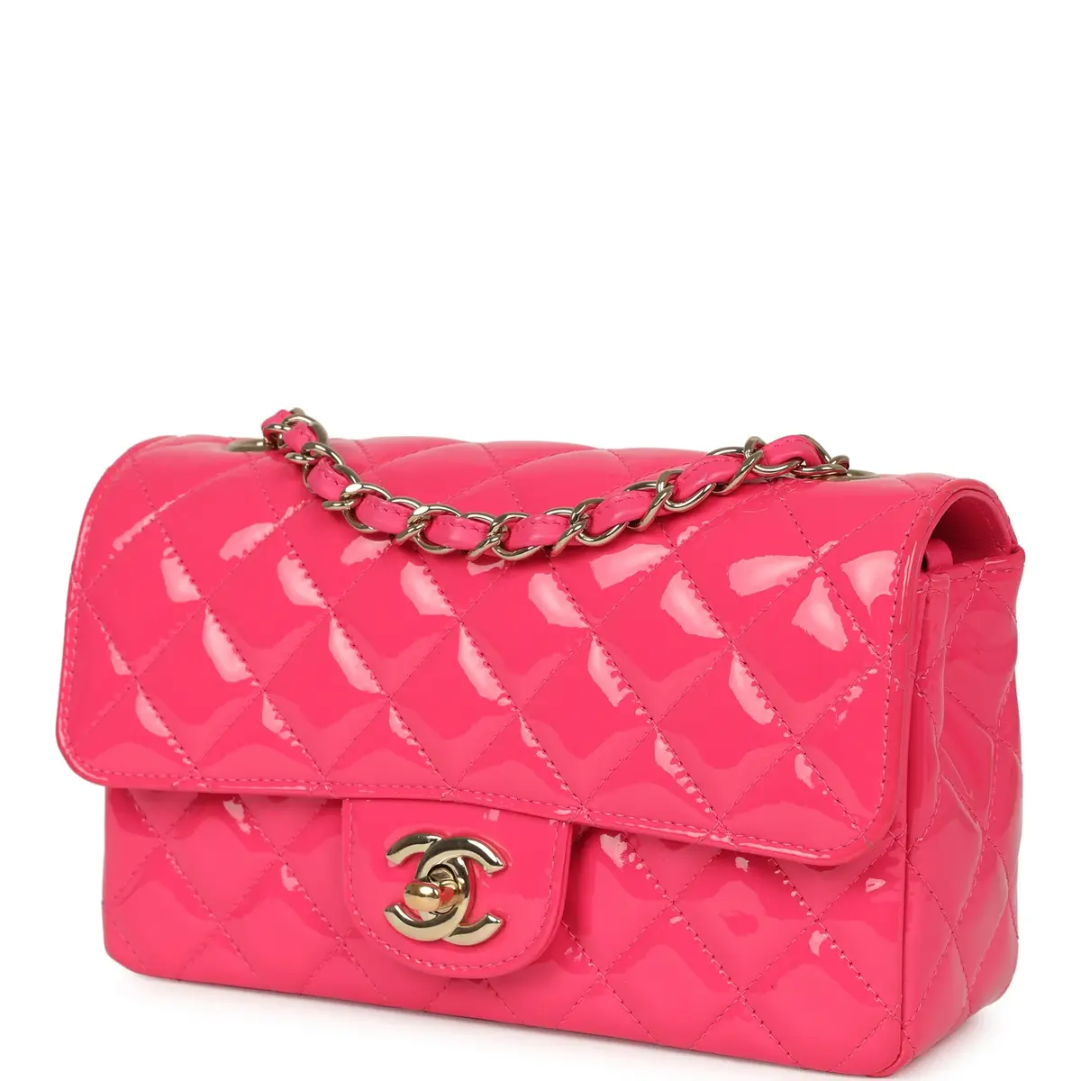 Chanel Pre-owned Chanel Mini Classic Rectangular Flap Bag Hot Pink Patent Gold Hardware | Thumbnail 5 Chanel Pre-owned Chanel Mini Classic Rectangular Flap Bag Hot Pink Patent Gold Hardware | Thumbnail 5