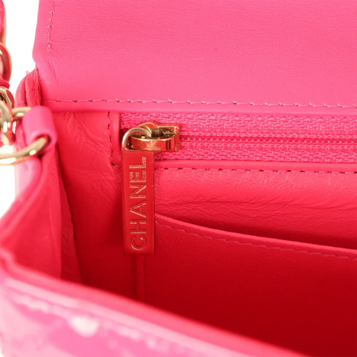 Chanel Pre-owned Chanel Mini Classic Rectangular Flap Bag Hot Pink Patent Gold Hardware | Thumbnail 9 Chanel Pre-owned Chanel Mini Classic Rectangular Flap Bag Hot Pink Patent Gold Hardware | Thumbnail 9