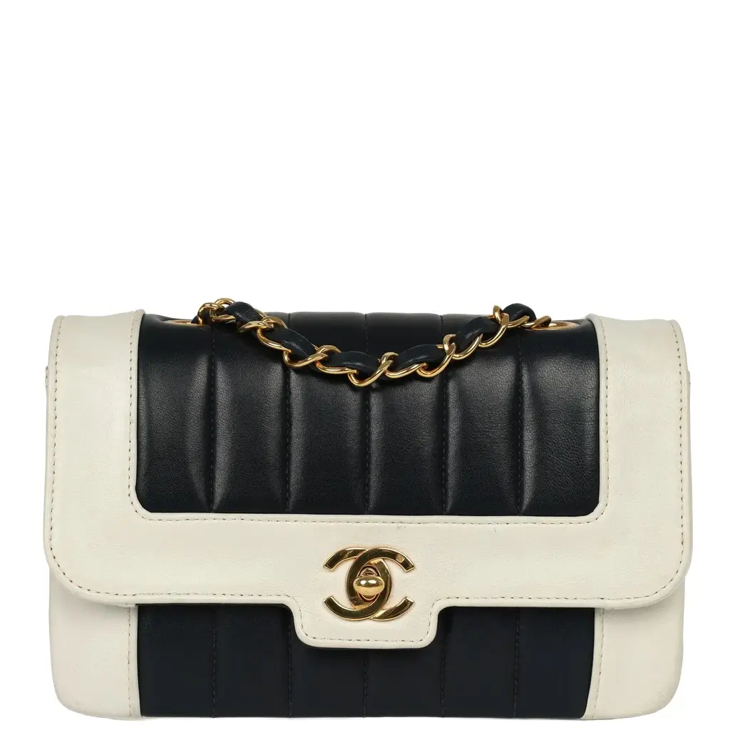 Chanel Vintage Chanel Mini Mademoiselle Flap White, Navy Lambskin Gold Hardware