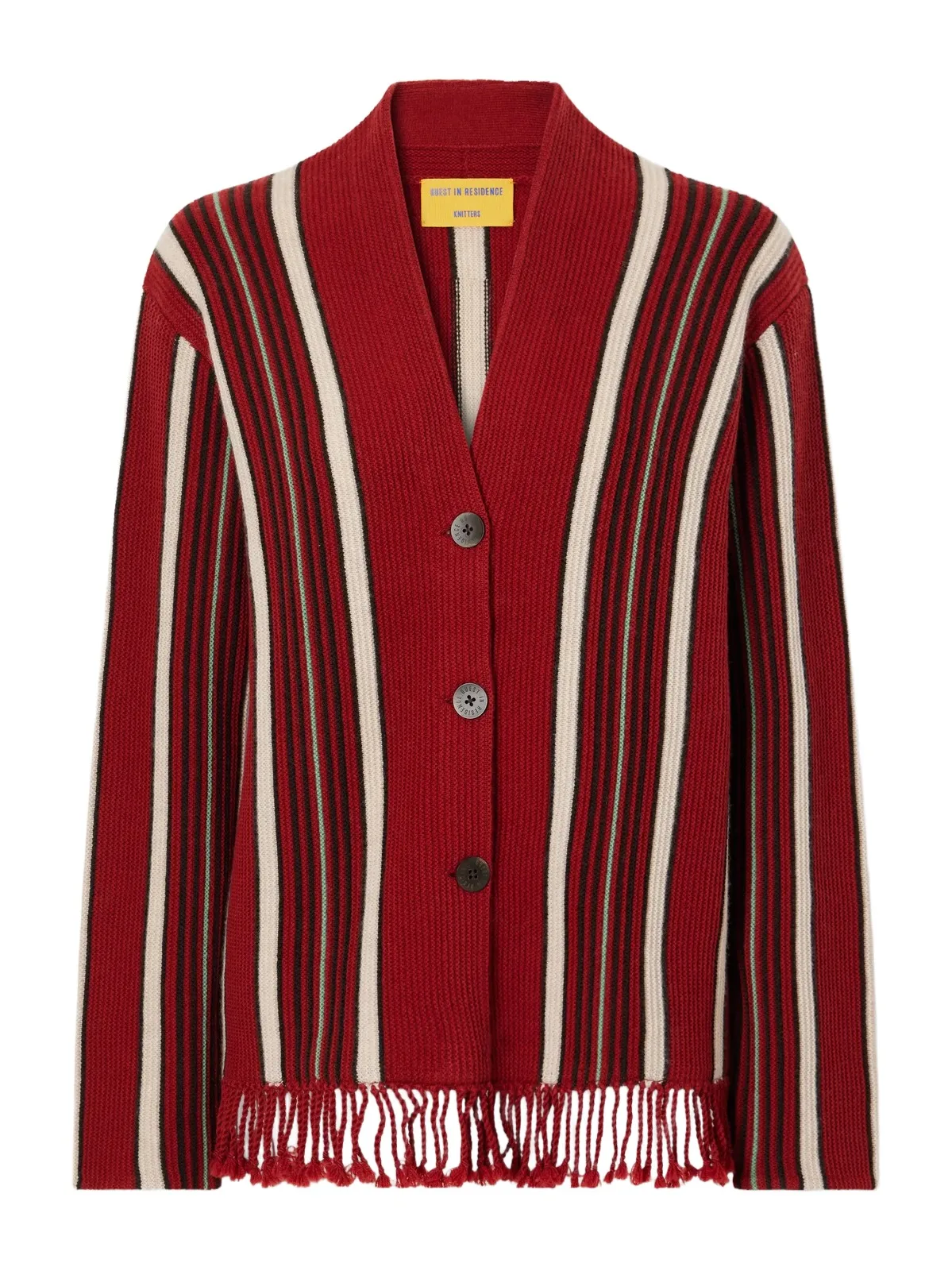 Guest In Residence Handloom Fringed Striped Wool And Cashmere-blend Cardigan - Red