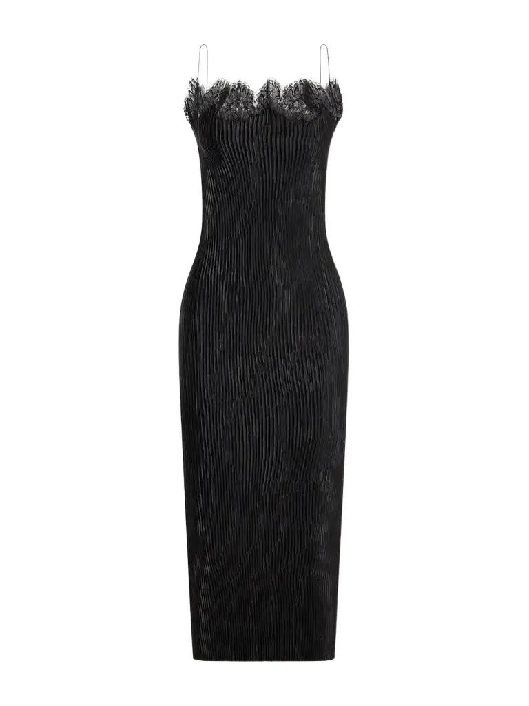 Lumie Lace-trimmed Pleated Satin Midi Dress