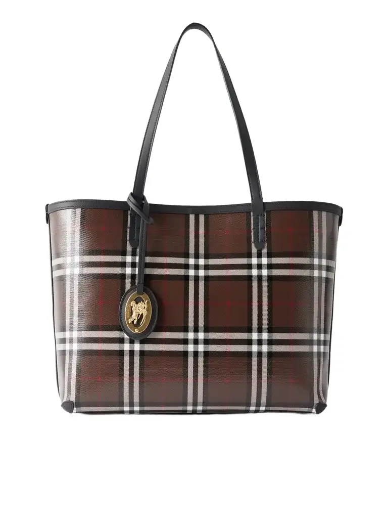Burberry Checked Leather-trimmed Glossy Canvas Tote